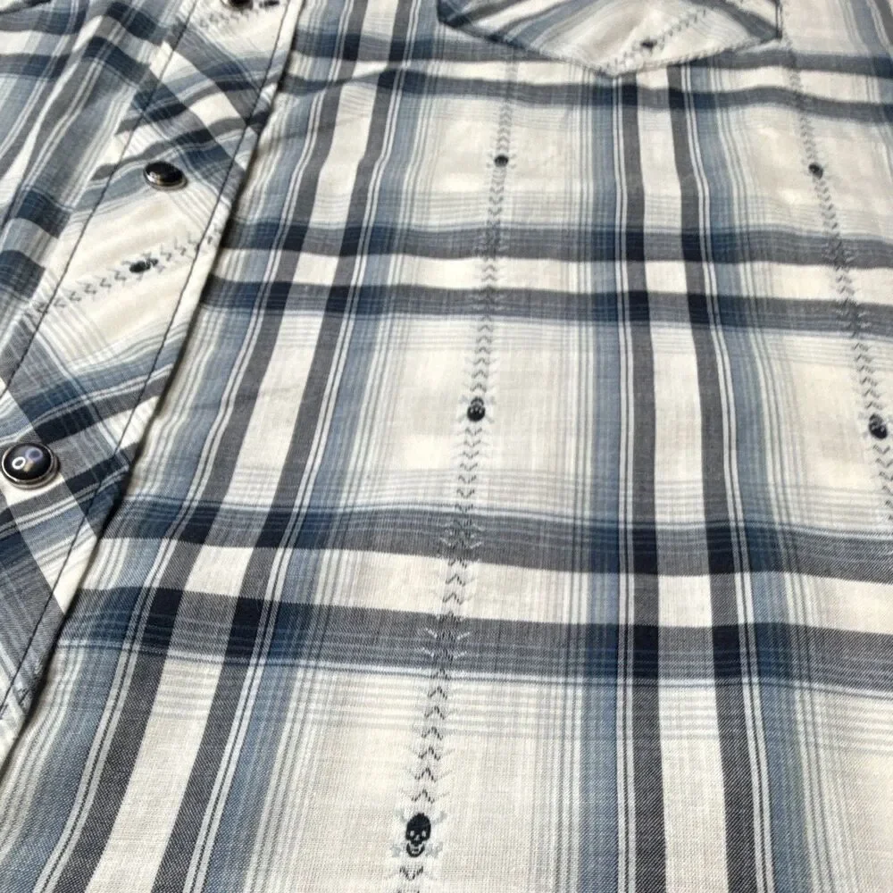 Levi's Mens Blue White Plaid Short Sleeve Pearl Button-Up Shirt Skull Graphic L